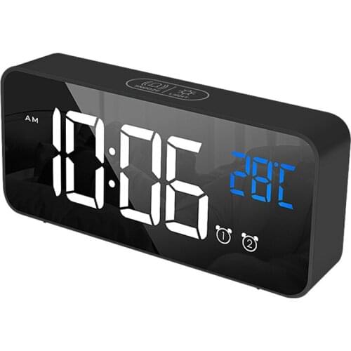 Digital Alarm Clock, LED Time Display, Bedroom Music Alarm Cock with Dimmer, Snooze, 2 Alarm Settings, 12/24 Hour & Temperature