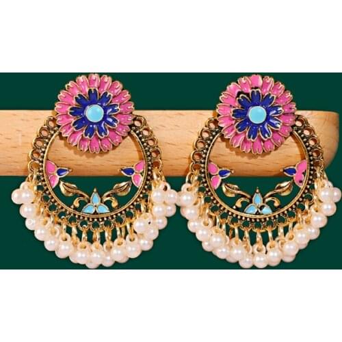 Ethnic Womens Pink Flower Wedding Jhumka Earrings Femmes Dripping Oil Palace Pearl Beads Earrings Vintage Pearl Palace Earring