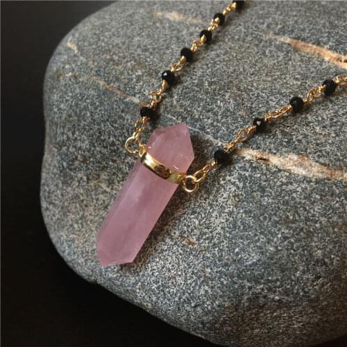 FUWO Pink Crystal Necklace With Gold Filled Black Spinels Beads Chain Rose/Purple Quartz Point Pendant Wholesale NC097