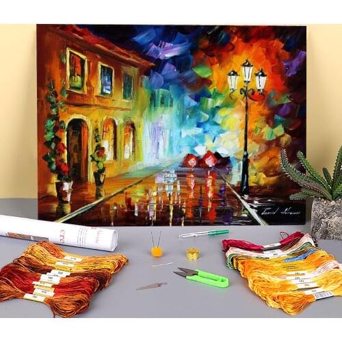 Oil Painting Style Wall Rain Printed Canvas 11CT Cross-Stitch DIY Embroidery Full Kit DMC Threads Hobby Sewing Design