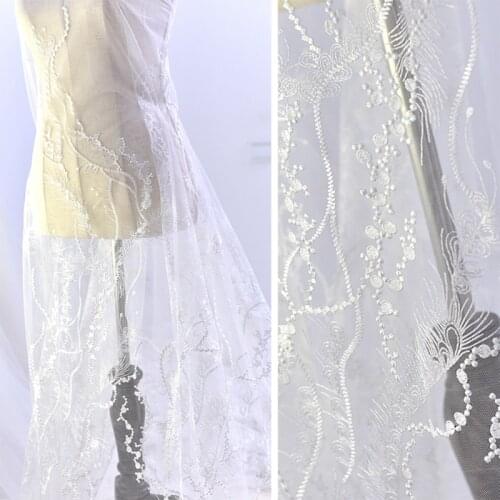 GLace 1Y/Lot fashion off white flat embroidery lace fabric for sewing mesh lace wedding dress DIY material TX1614