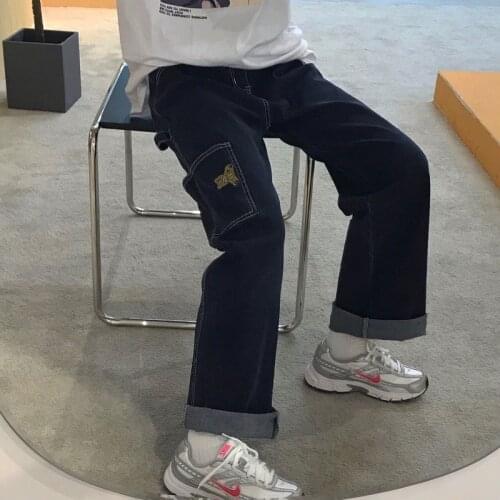 QWEEK Kawaii Fashion Cartoon Print Women Jeans Streetwear Baggy Oversize Wide Leg Denim Pants Student Korean Style 2021 Autumn