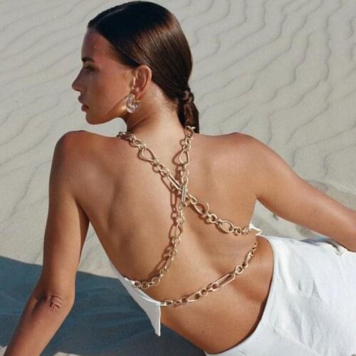 2021 Summer New Style Sexy Popular Solid Color Cross Plastic Chain Open Back Solid Color Umbilical Chest Wrap Vest