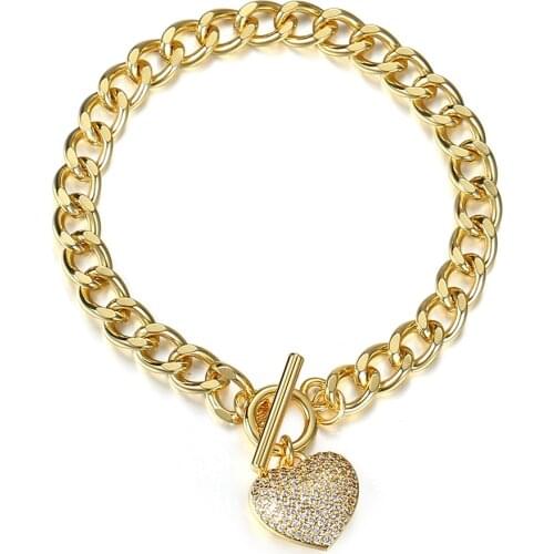 New Chunky Heart Charm Bracelets for Women 6mm Curb Cuban Link Chain with Toggle Clasp Elegant Jewelry Gift 7inch GB474