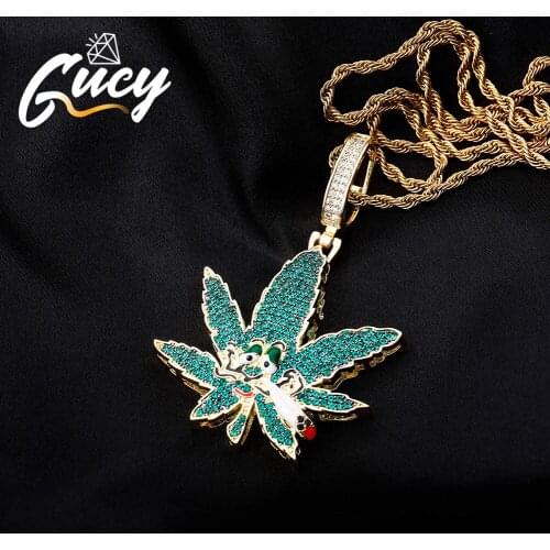 GUCY New Green Maple Leaf Pendant Ice Out AAAA Cubic Zirconia Pendant Charm Hip-hop Fashion Jewelry For Gift