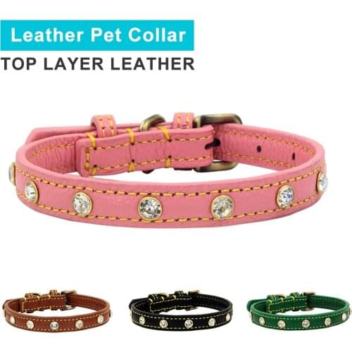 Pet Dog Collar Adjustable Real Leather Shining Rhinestone Lichee Pattern Cat Chain Two Sided Top Layer Leather Dogs Cats Collars