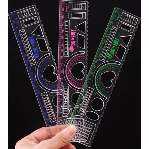 Plastic Straight Ruler Measuring Templates Circle, Oval, Heart Shape, Rectangle Drawing Templates 180 Degree Protractor