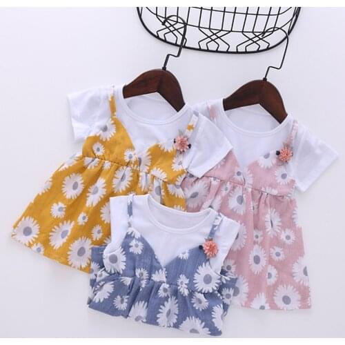Girl Dress Summer Short-sleeved Small Floral Print Fake Two-piece Strap Dress Small Fresh Baby Clothes платья для девочек