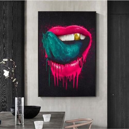 Gifted Artist High Quality Abstract Modern Sexy Lips and Green Tongue Painting on Canvas Green Tongue Picture Home Decoration