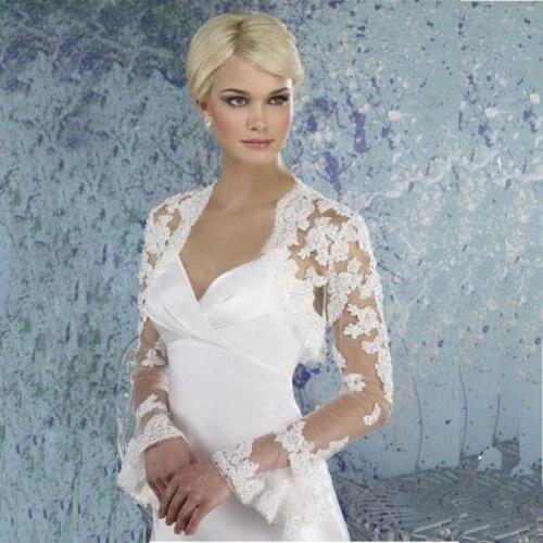 Casual Long Sleeve Wedding Jacket for Girls Bridal White Tull Lace Appliqued Wrap Shrug Cape 2019