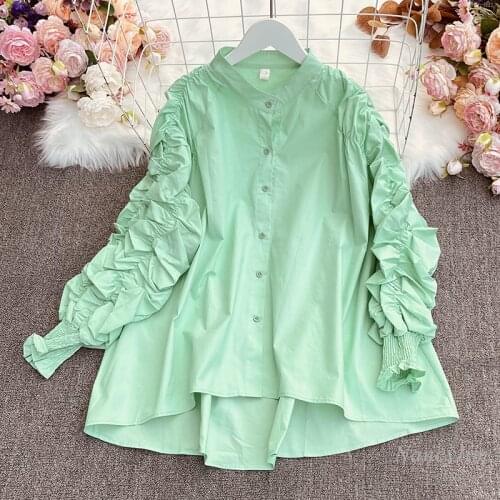 Loose Shirt Women Pleated Long Sleeve Mid-Length Stand Collar All-Match Lady Tops Female Casual Blouses Blusas Chemise Femme