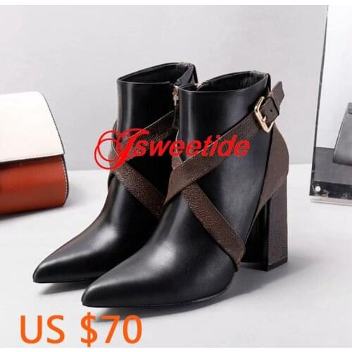 Latest Fashion Pointed Cross belt Real Leather Rivet Boots Luxury Metal High Heel ankle boots high quality Sexy Party Boots