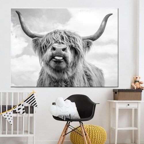 Modern Home Decor Black White Highland Cow Print And Poster Animal Wall Art Scottish Cow Picture Farm House Living Room framed