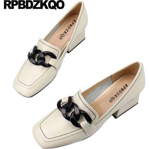 High Quality Patent Leather Shoes White Women Genuine Wine Red Slip On Fur Square Toe Block Chunky Medium Heels Size 33 Pumps