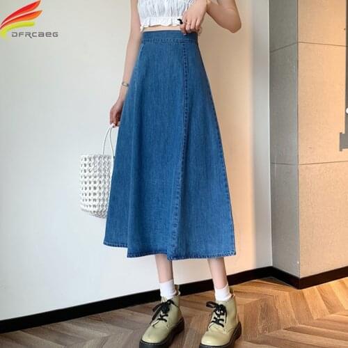 Summer 2021 Denim Skirt Women High Waisted Zipper Up A Line Jeans Skirts Korean Style Casual Blue jupe longue femme Hot Sale