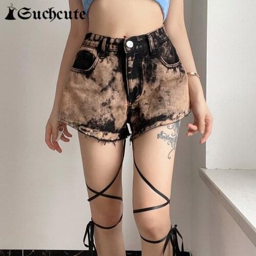 SUCHCUTE Tie Dye Print y2k Fashion Jeans Shorts For Women Summer Streetwear Lace Up Denim Shorts Gothic Punk Style Bottoms