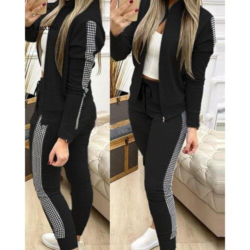 Plaid Leisure Two Piece Suit Women Stand Collar Zipper Drawstring Spring New Fashion Two Piece Set
