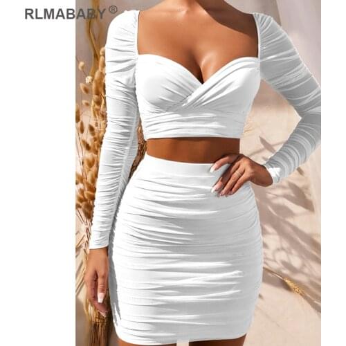 Autumn Winter 2 Piece Set Women Square Collar Long Sleeve Cropped Top And High Waist Skirts Outfits Set Clubwear Sexy Ladies Set