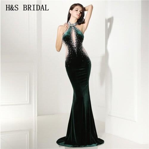 H&S BRIDAL Velvet Halter Sheath Sexy Hunter Green Evening Dress Long Backless Velour Vestido Longo Vintage Cheap Evening Gowns
