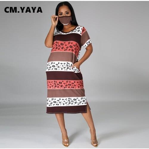 CM.YAYA Women Dress Short Sleeve O-neck Pockets Straight Loose Print Mid-calf Dresses Wiht Mask Office Lady Summer Casual Outfit