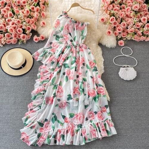 Summer Fashion Ruffles One Off shoulder Maxi Dresses Women Runway Designer Floral Print Chiffon Loose Big Swing Party Dress