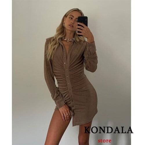 KONDALA Za Women 2021 New Pleated Button Vintage Velvet Dress Women Sexy Mini Dresses Solid Streetwear Female Shirt Vestidos