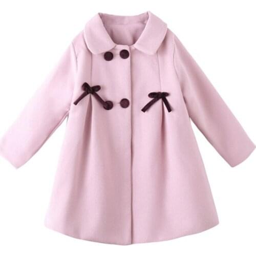 Girl winter quilted thick woolen coat Girl solid color windproof warm coat Girl bow decorated solid color windbreaker jacket