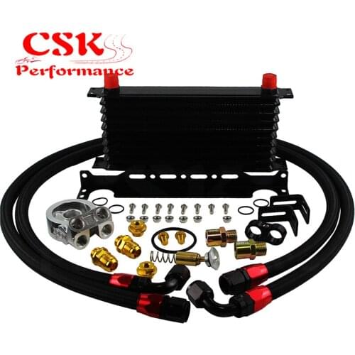 10 Row Engine Trust Oil Cooler w/ Thermostat 80 Deg Oil Filter Adapter Kit Blue/ Black/ Gold