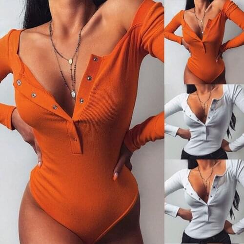 Bigsweety 2020 Casual One-pieces Bodysuits Sexy V Neck Knitted Bodysuit Women Black Long Sleeve Buttons Rompers Jumpsuit