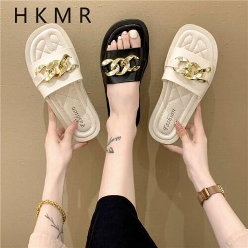 2021 Za Womens Shoes Black Charm Flat Sandal Slippers Fashion Open Toe Golden Chain Outer Wear One-Word Sandals Travel Summer