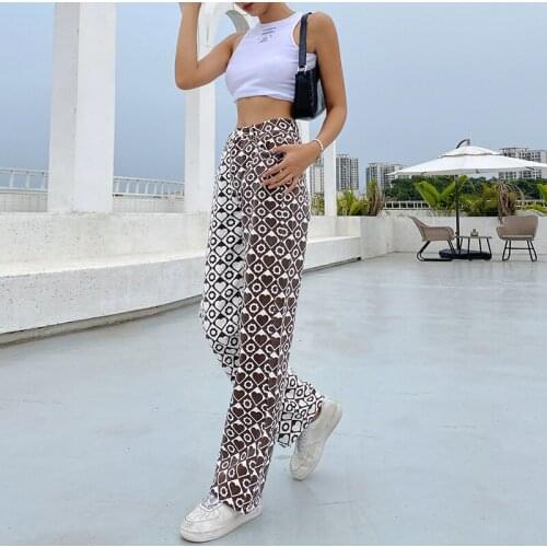 Floral Heart Print Pant Fashion Casual Patchwork Thin Loose Straight Pants 2021 Summer High Waist Irregular Streetwear Pant