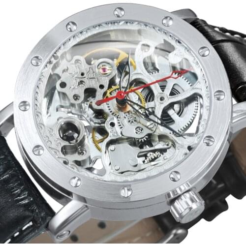 Forsining Silver Skeleton Wristwatch Black Red Pointer Genuine Leather Belt Mechanical Watch Men Automatic Watches Mens 2021 New