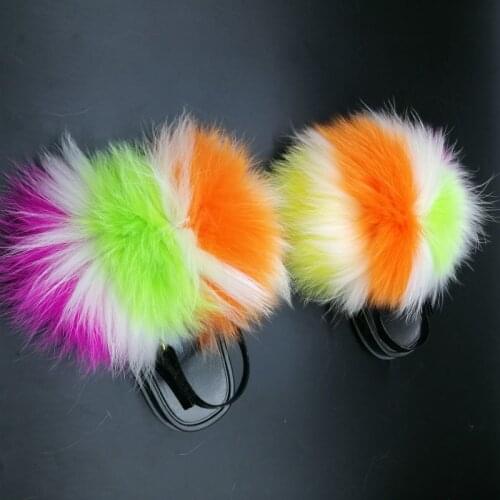 Kids Heel Strap Sweet Fluffy Fur Sandals Child Home Furry Fur Flat Shoes Toddler Fashion Cute Plush Fur Warm Non-slip Slides