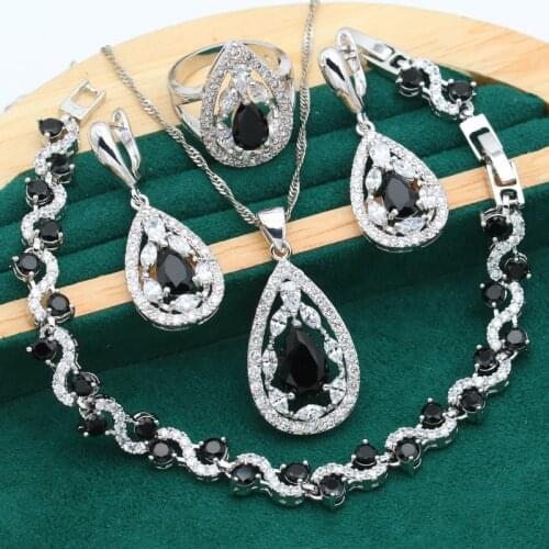 Exquisite 925 Sterling Silver Jewelry Set for Women Black Zircon Bracelet Earrings Necklace Pendant Ring Christmas Gift 4PCS