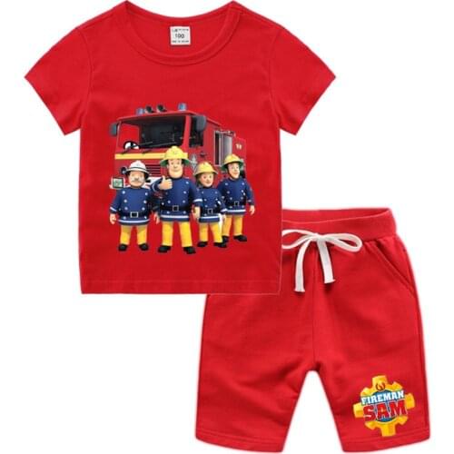 Little Boy Girl Cartoon Fireman Sam T shirt Shorts Set Kid Baby Fire man T-shirt Shorts Toddler Clothing Set,Drop Ship