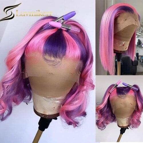 Short Bob Wavy Highlight Pink Purple Colored 613 Blonde 13x4 Hd Lace Frontal Wig Glueless Human Hair Full Front Pre Plucked Wig