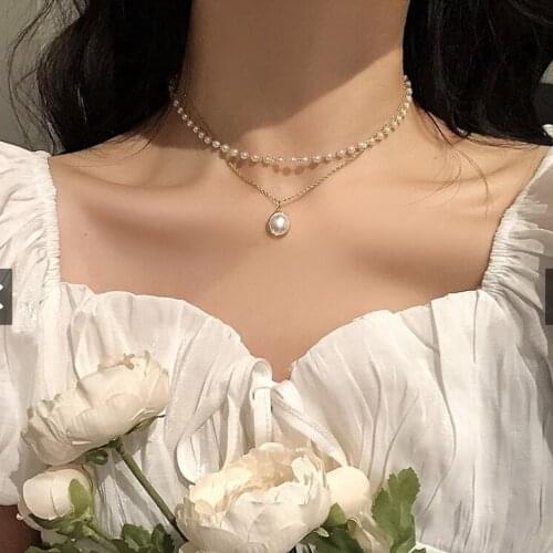 Kpop Jewelry Simple Retro Double-layer Pearl Necklaces Niche New Sweet Short Dating Necklace