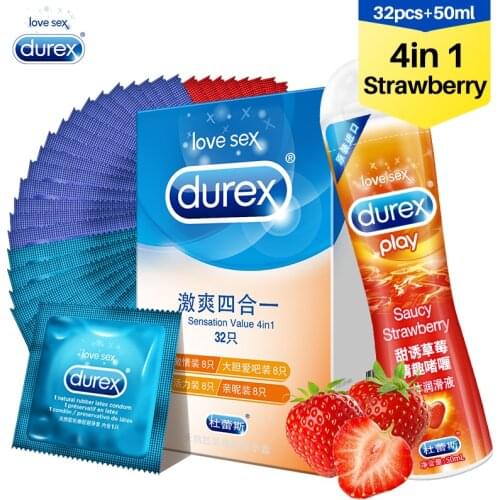 Durex Condom Value 4in1 Styles Strawberry Lubricant 50ml Ultra Thin Sexy Lubricant Intimate Sex for Couple Adult Products Toy