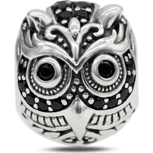 925 Sterling Silver Personalized Cute Owl with Black CZ fit Original Pandora Charm Bracelet Bangle DIY Jewelry Making