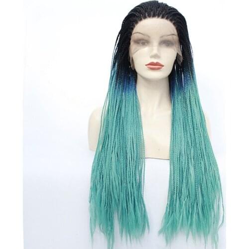 Braided Lace Front Wigs 1b Black Blue Green Three Tone Ombre Glueless Braided Synthetic Wigs Heat Resistant Bariding Lace Wigs
