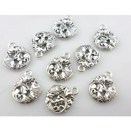 24pcs Tibetan Silver Carp Fish Lotus Charms Round Crafts Pendants 14x17mm Jewelry Findings