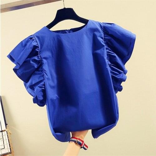 Korean Style Girls Butterfly Sleeves Ruffles Shirts 2020 Summer Elegant Cute Female soft Holiday daily Tops Plus Size M-7XL 8XL