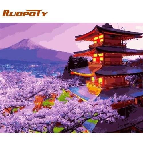 RUOPOTY 40x50cm Painting By Numbers For Adults Children Pink Flower Around Pagoda Landscape Picture By Number Home Decors