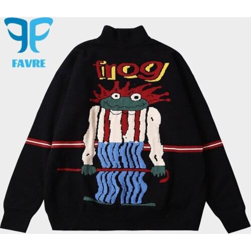FAVRE Childlike Frog Sweater Men Autumn Winter Thick Black Turtleneck Pullovers Women Japanese Harajuku Knitted Jumpers