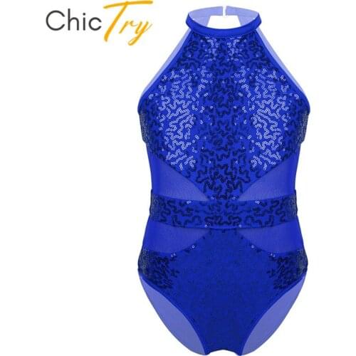ChicTry Kids Shiny Sequins Sleeveless Halter Mesh Splice Dancewear Gymnastics Leotards Girls Performance Ballet Dance Costume