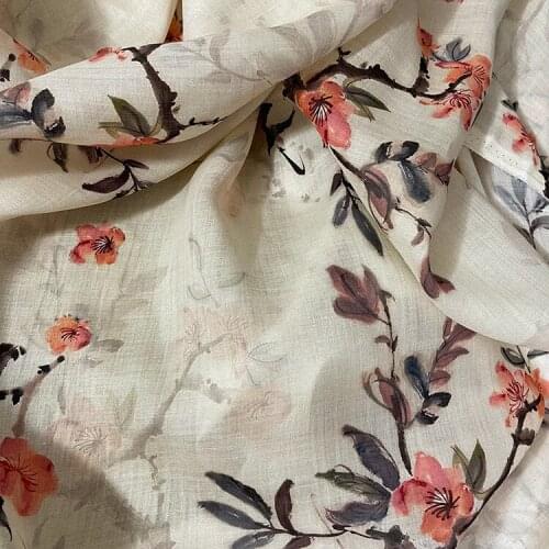 High quality natural pure ramie fabric Red flower print patchwork High end designer robe shirt dress sewing