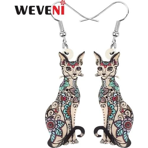 WEVENI Acrylic Canadian Hairless Cat Earrings Floral Cute Kitten Animal Dangle Drop Jewelry For Women Girl Trendy Gift Accessory