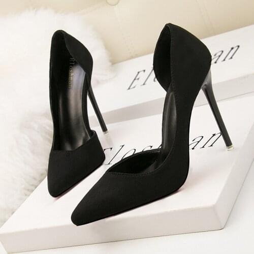 Women pumps Flock Slip On 10CM Thin Heels High heels Pointed Toe Shallow shoes for women women shoes 2020 size 35-42 black