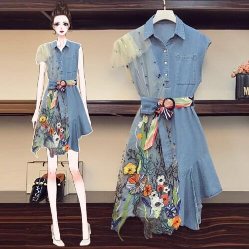 Menahem 2021 Summer Plus Size Women Jean Sleeveless Flower Embroidery Pocket Ruffles Stitching Mesh Denim Dress With Belt