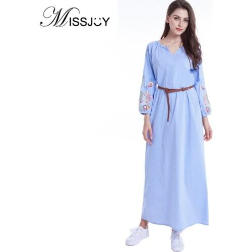 MISSJOY Fall Clothes Women Long Sleeve V Neck Stripe Flower Embroidery Casual Loose middle east Muslim Fashion Turkey Long dress